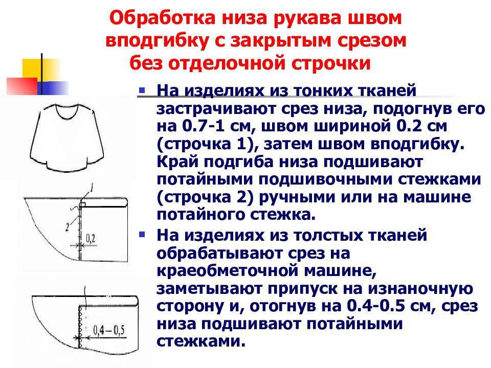 Нижние срезы рукавов обрабатывают швом нарисуйте