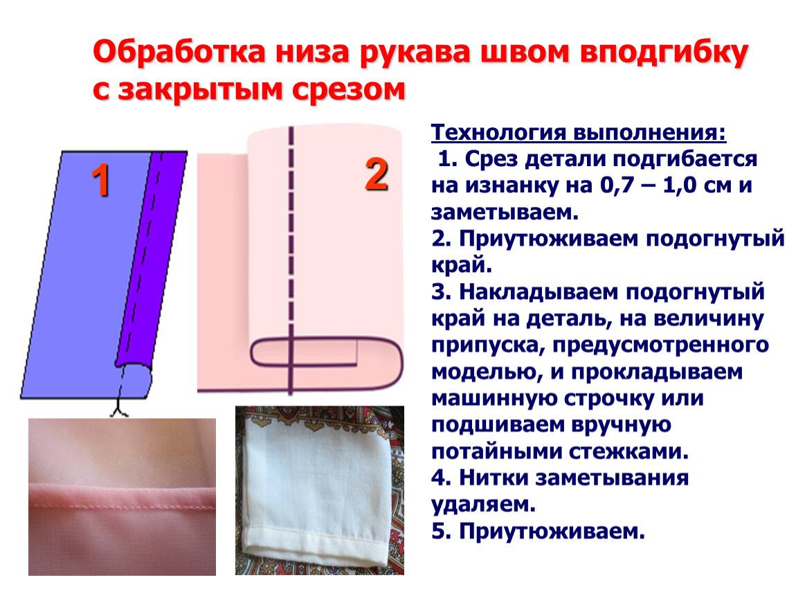 Обработка изделий. Обработка низа рукава в подгибку с закрытым срезом. Шов вподгибку с обметанным срезом. Краевой вподгибку с закрытым срезом схема. Краевые вподгибку с обметанным срезом.